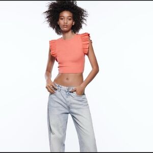 Coral Ruffle Sleeve Crop Top